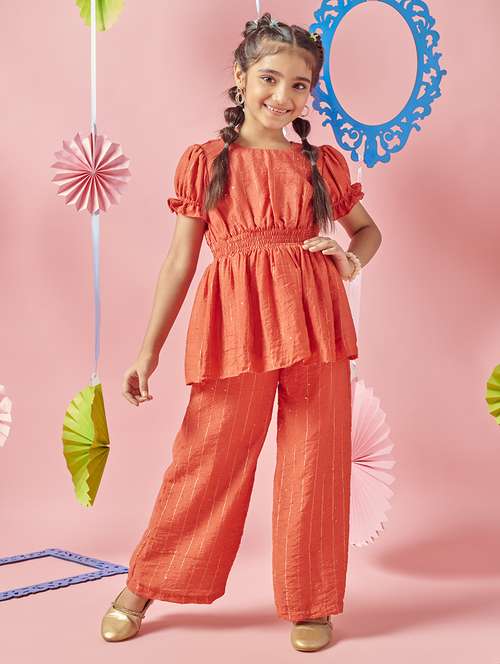girls orange round neck full length sets - 21636521 -  Standard Image - 0