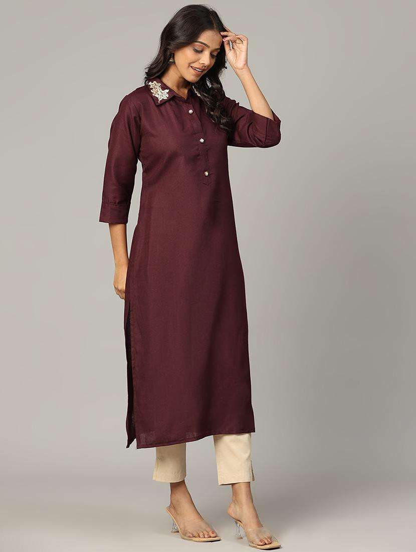 women embroidered three quarter sleeve straight kurta - 21636594 -  Standard Image - 3