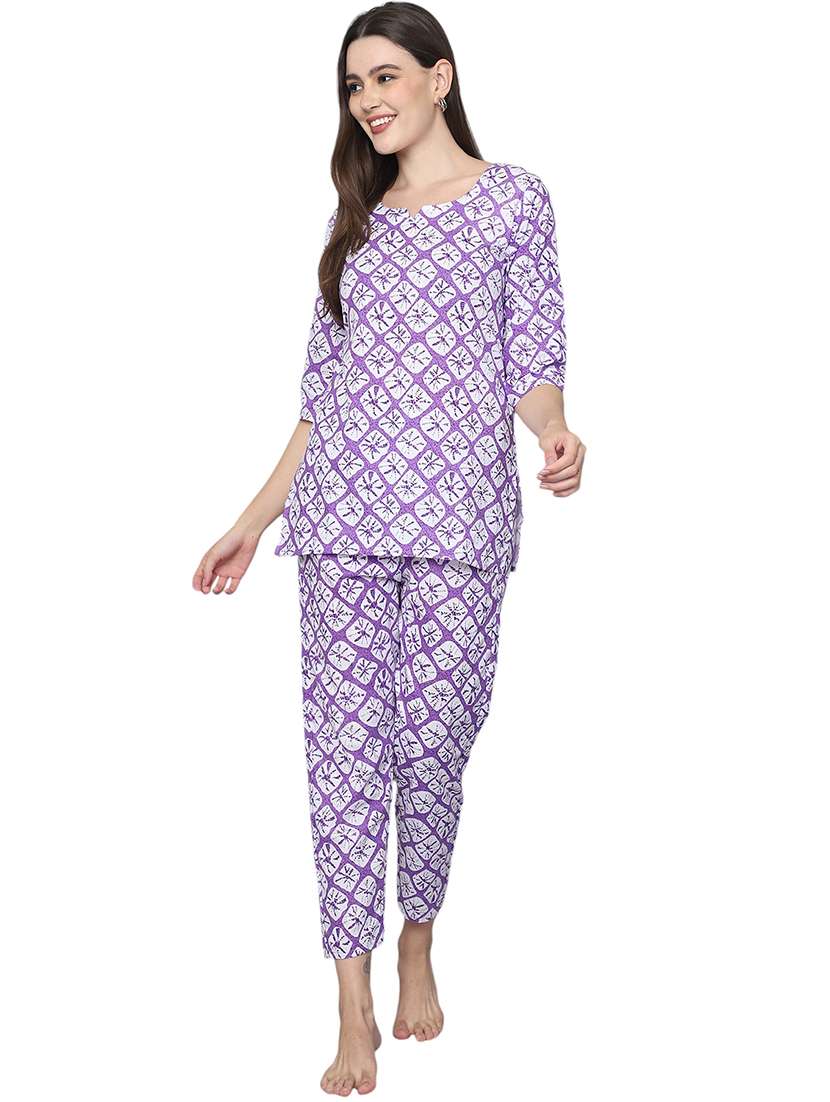 women purple printed nightwear pyjama set