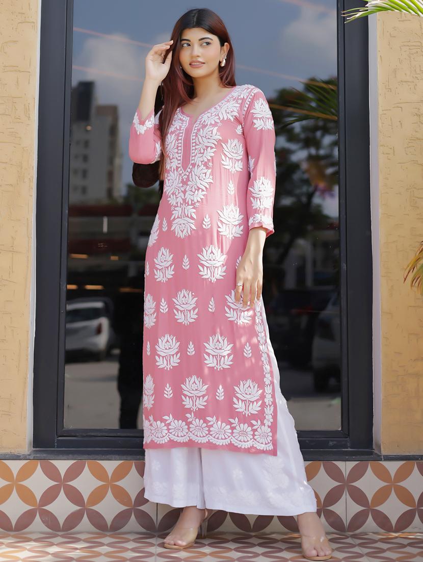women three quarter sleeve straight chikankari kurta - 21636946 -  Zoom Image - 0