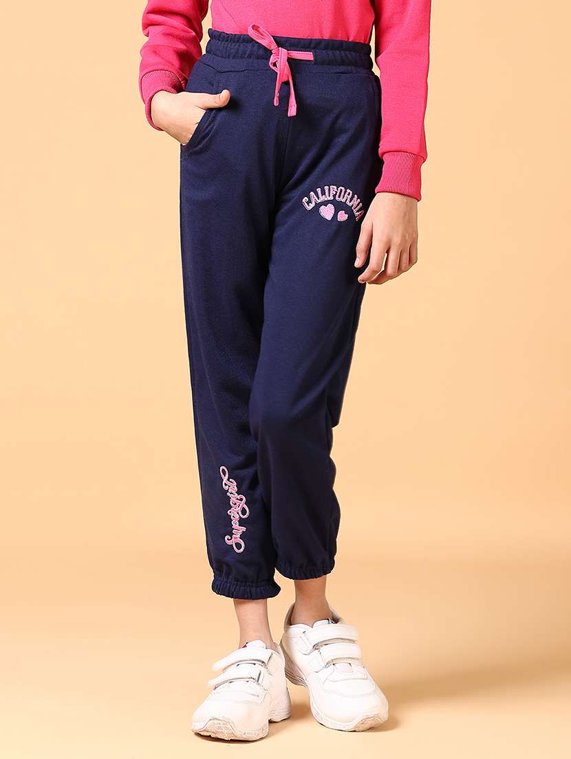 girls navy blue placement print joggers