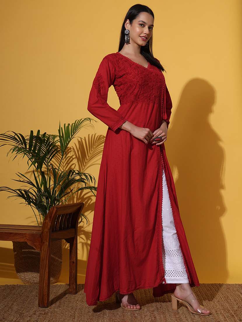Women Red Long Sleeve Angrakha Chikankari Kurta