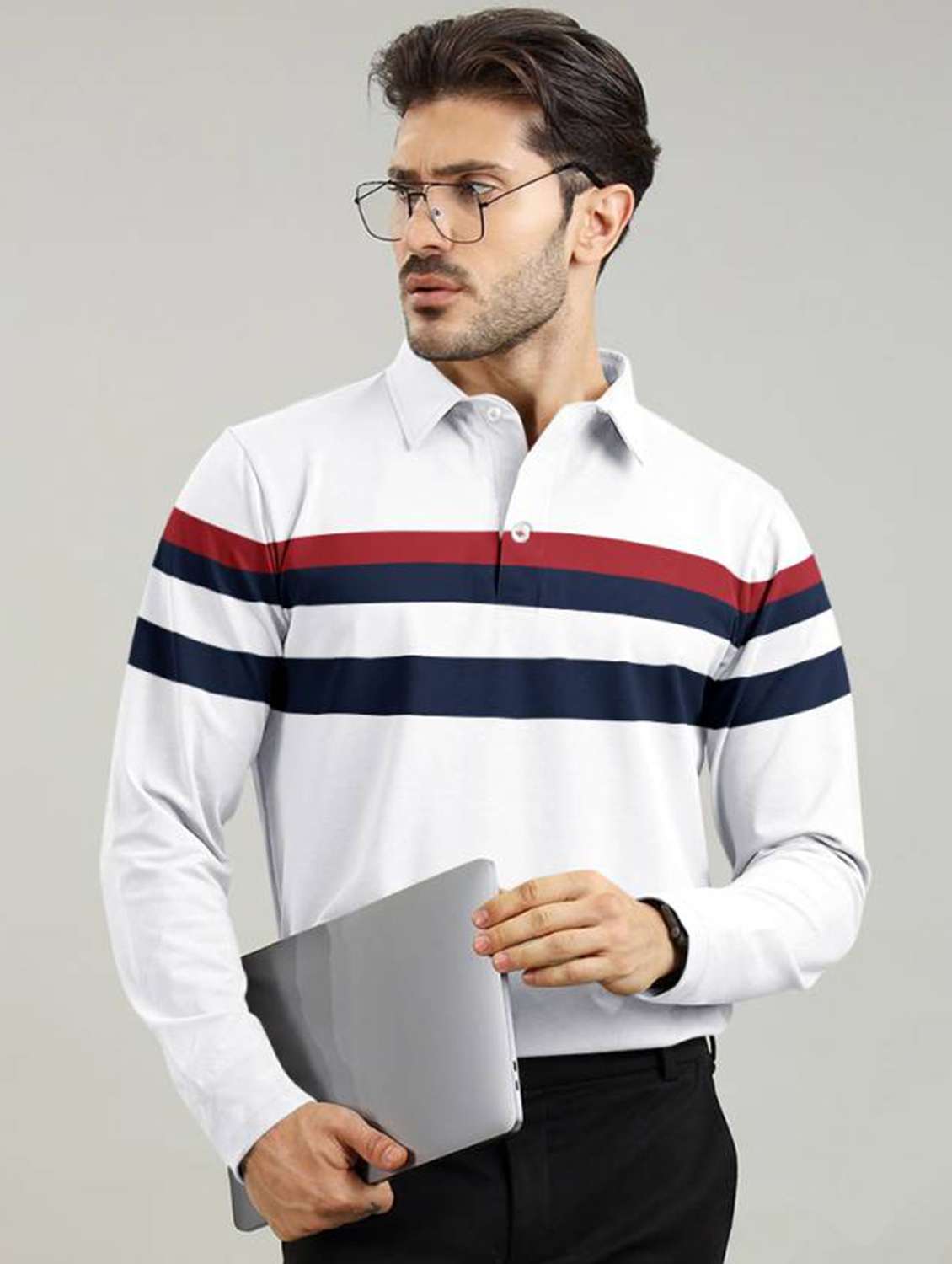 men regular fit striped long sleeve polo t-shirt