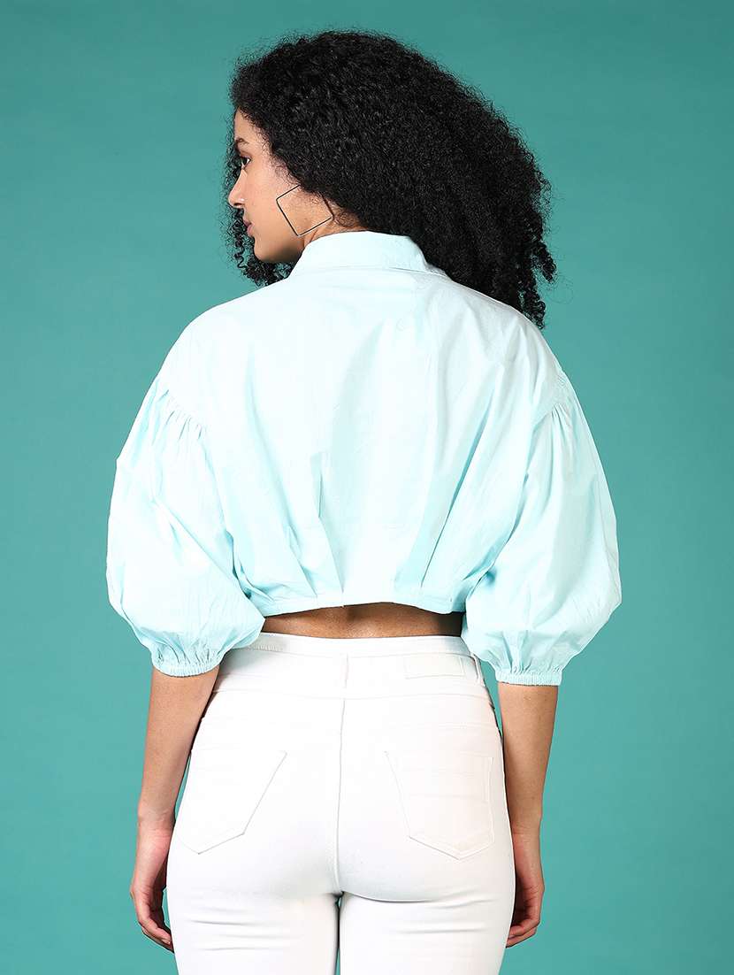 women solid puff sleeve crop top - 21638368 -  Standard Image - 3