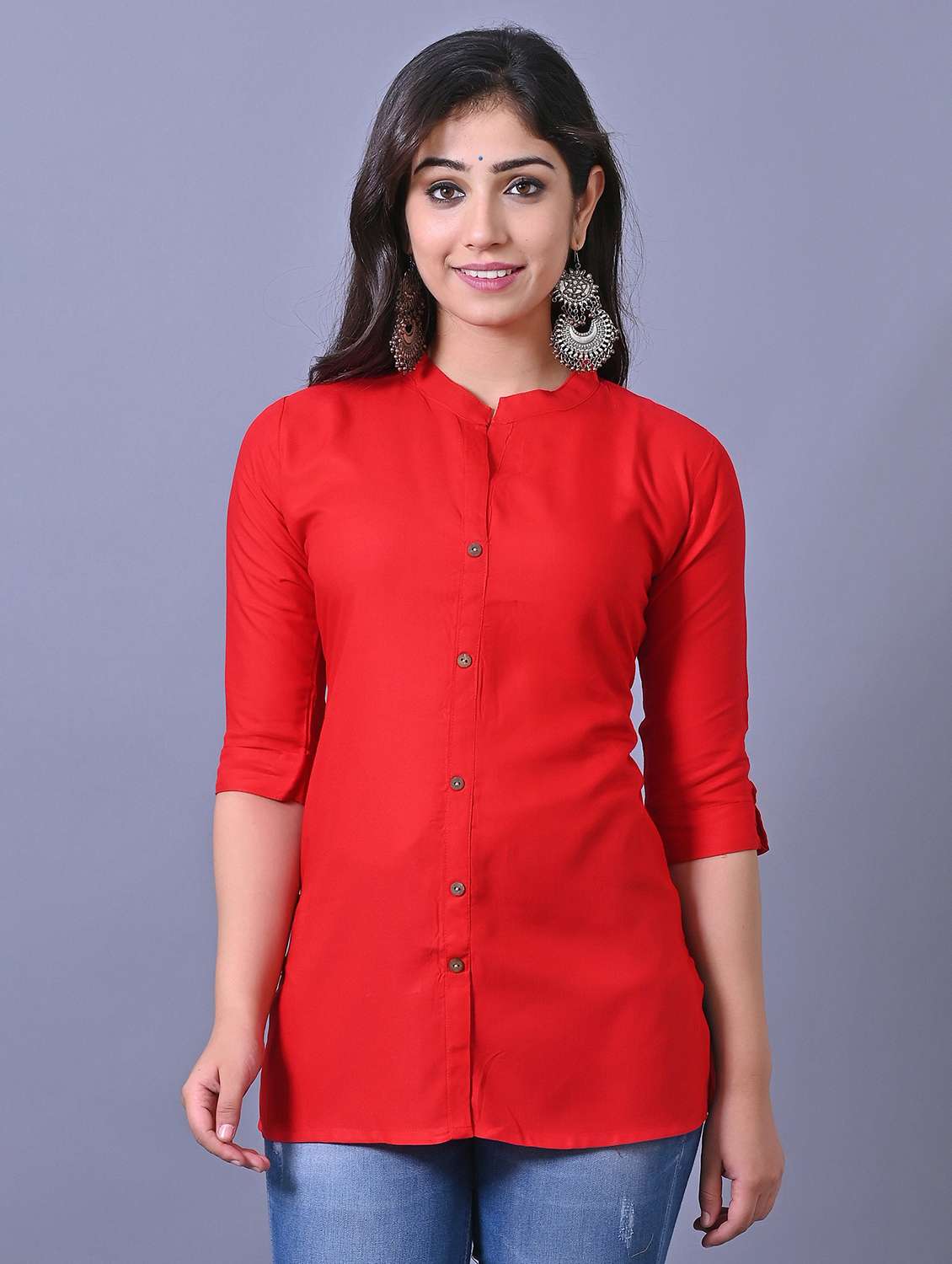 women solid three quarter sleeve side slit tunic - 21638485 - Zoom Image - 0