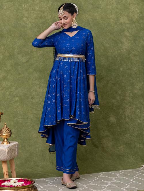 women blue printed three quarter sleeve suit set - 21638548 -  Standard Image - 0