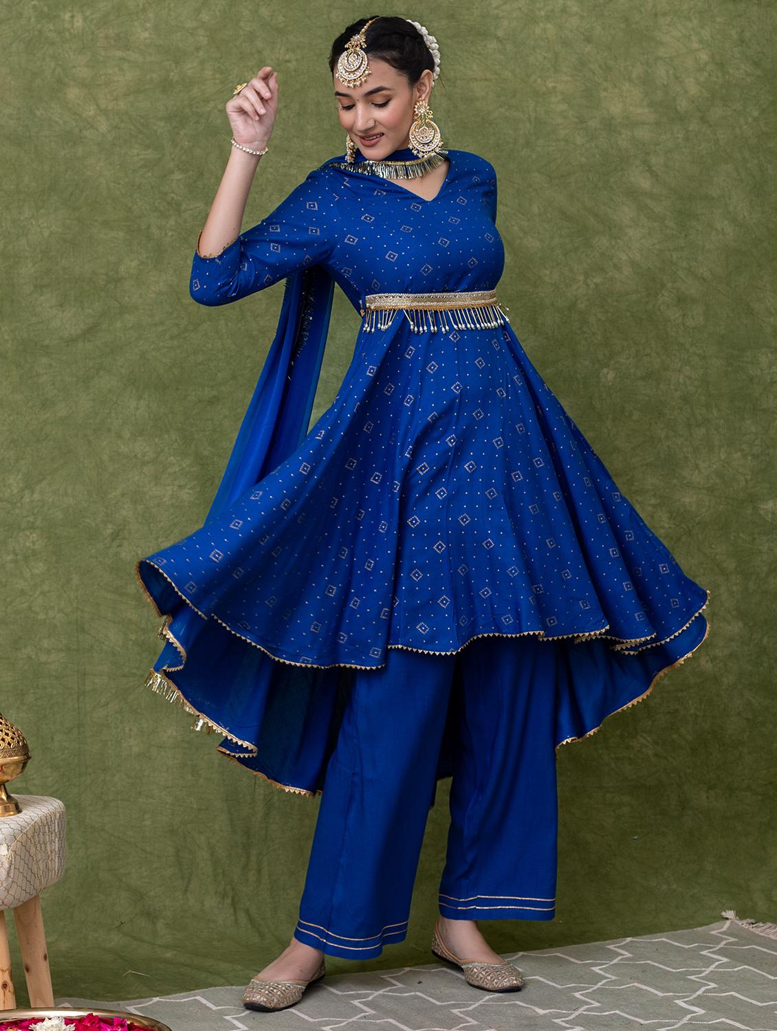 women blue printed three quarter sleeve suit set - 21638548 - Standard Image - 3
