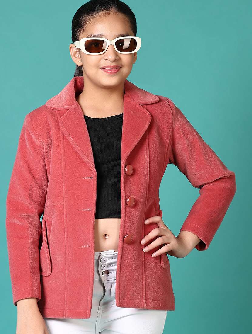 girls solid lapel collar long sleeve coat - 21638811 - Zoom Image - 0