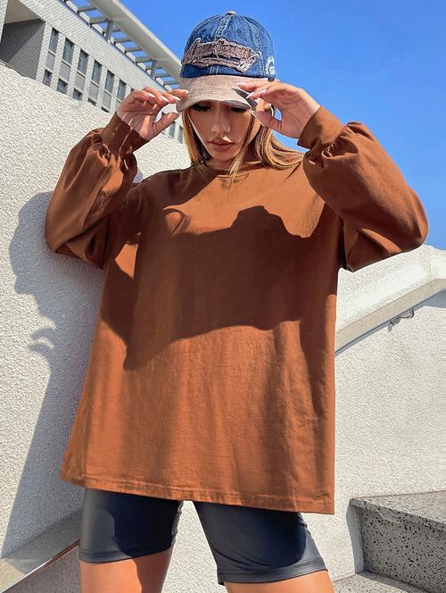 women plain long sleeves oversized t-shirt - 21639092 -  Standard Image - 0