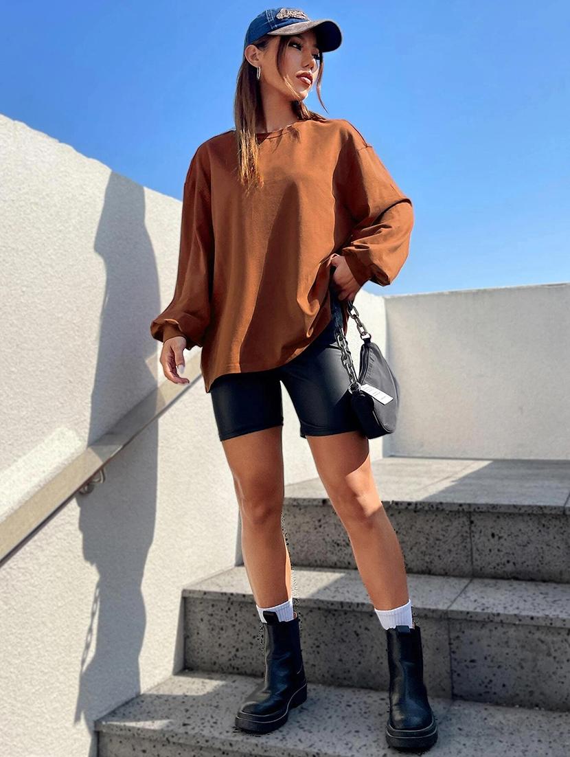 women plain long sleeves oversized t-shirt - 21639092 - Standard Image - 3