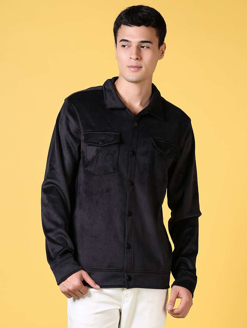 men black solid long sleeve shacket
