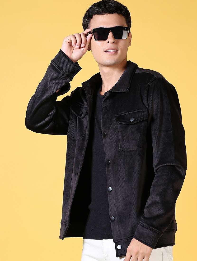 men black solid long sleeve shacket - 21639298 -  Standard Image - 3