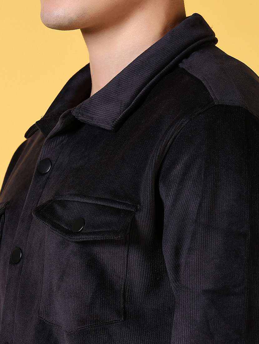 men black solid long sleeve shacket - 21639298 -  Standard Image - 5