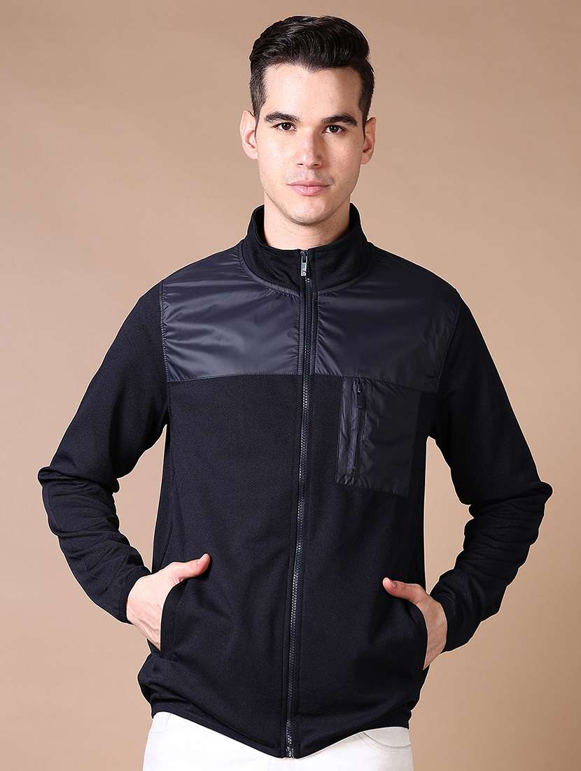 men navy blue solid long sleeve casual jacket