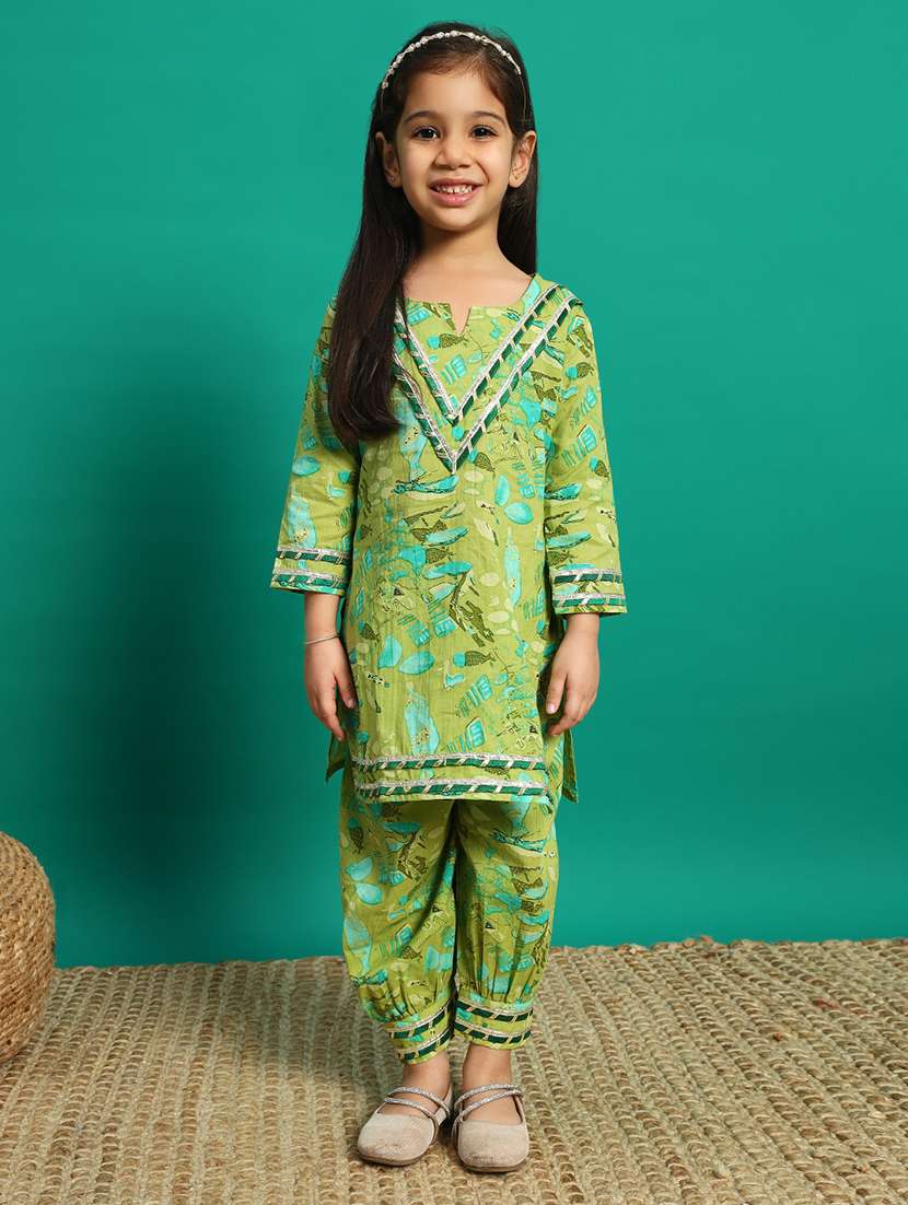 girls printed notch neck kurta salwar set