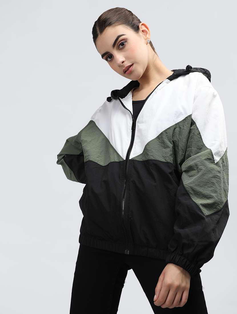 women oversized color block hood neck jacket