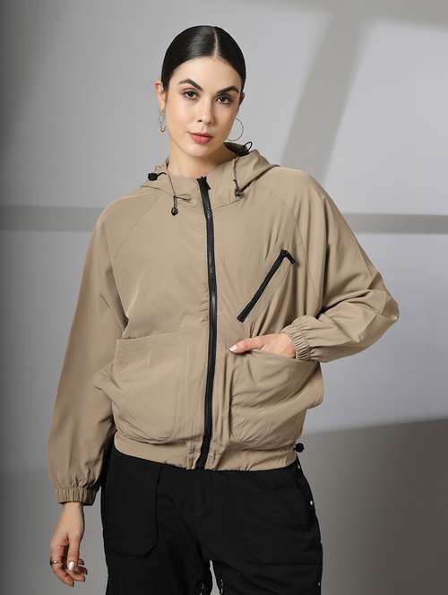 women plain long sleeve & hood neck jacket - 21640080 - Standard Image - 0