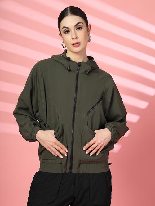 women plain long sleeve & hood neck jacket - 21640082 - Standard Image - 0
