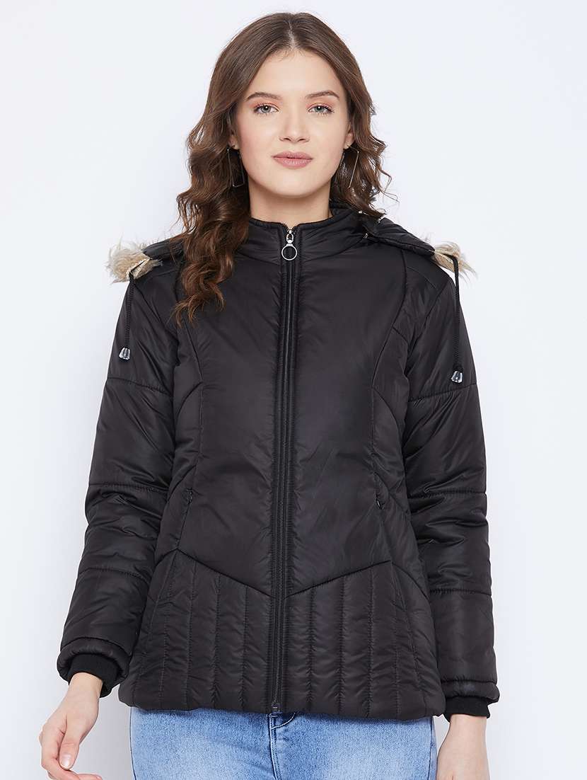 women plain hood neck & long sleeve quilted jacket