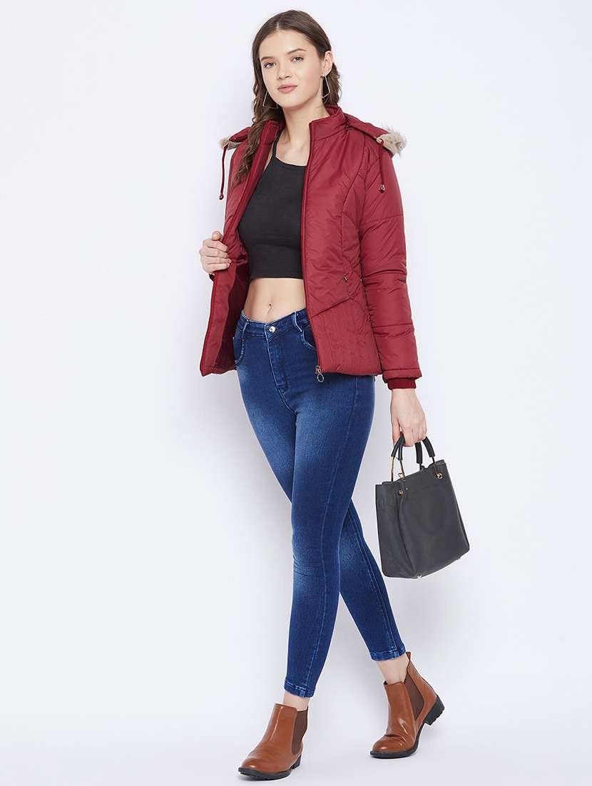 women plain hood neck & long sleeve quilted jacket - 21640826 -  Standard Image - 3