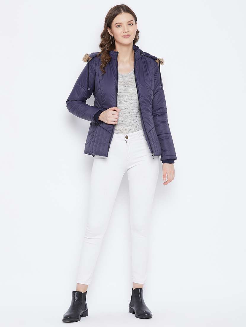 women plain hood neck & long sleeve quilted jacket - 21640828 -  Standard Image - 3