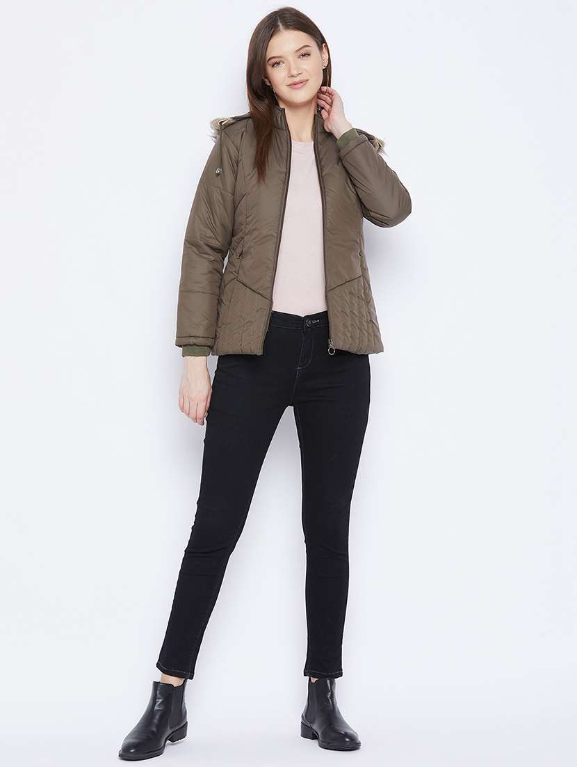 women plain hood neck & long sleeve quilted jacket - 21640829 -  Standard Image - 3