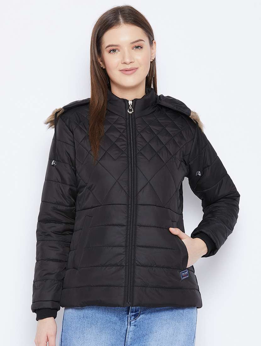 women plain hood neck & long sleeve quilted jacket