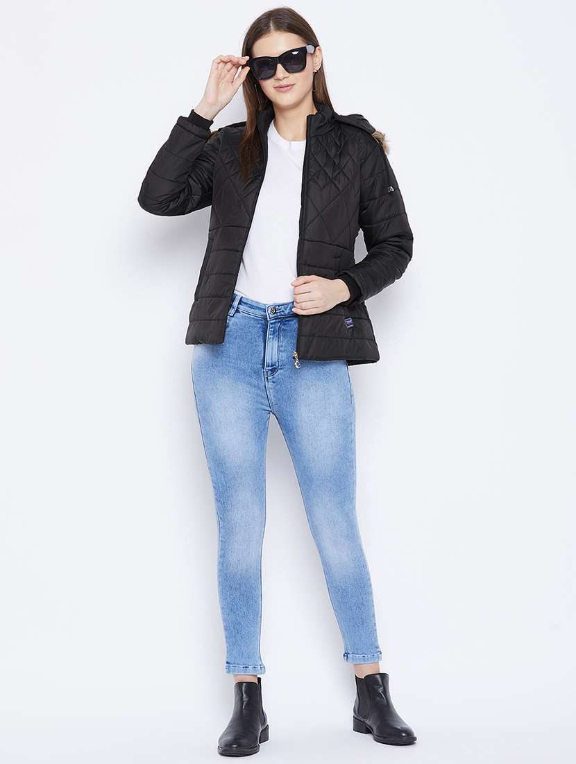 women plain hood neck & long sleeve quilted jacket - 21640831 -  Standard Image - 3