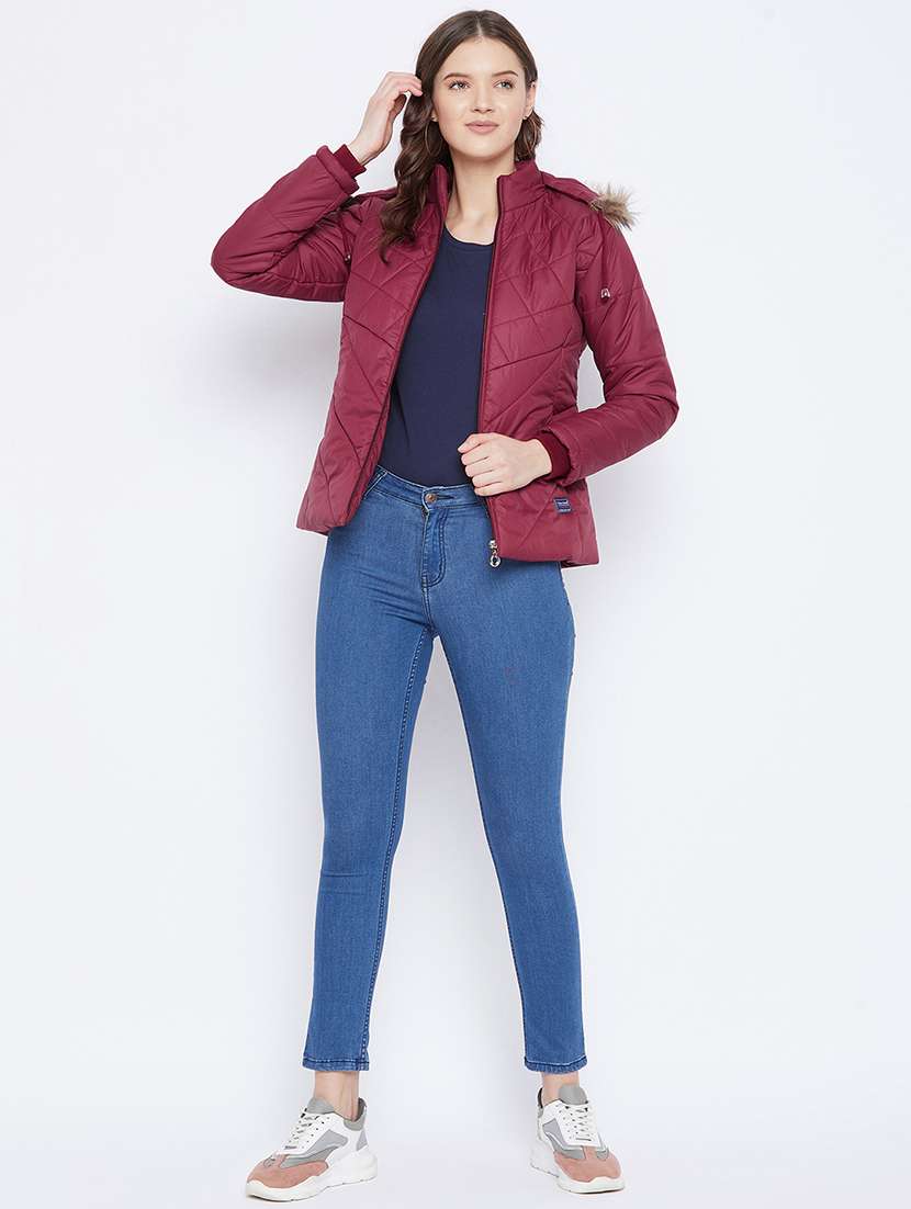 women plain hood neck & long sleeve quilted jacket - 21640839 -  Standard Image - 3