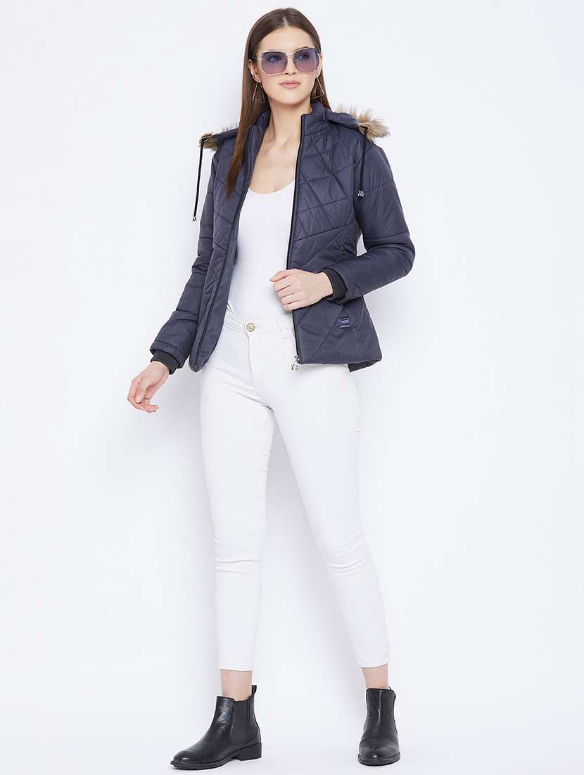women plain hood neck & long sleeve quilted jacket - 21640841 -  Standard Image - 3