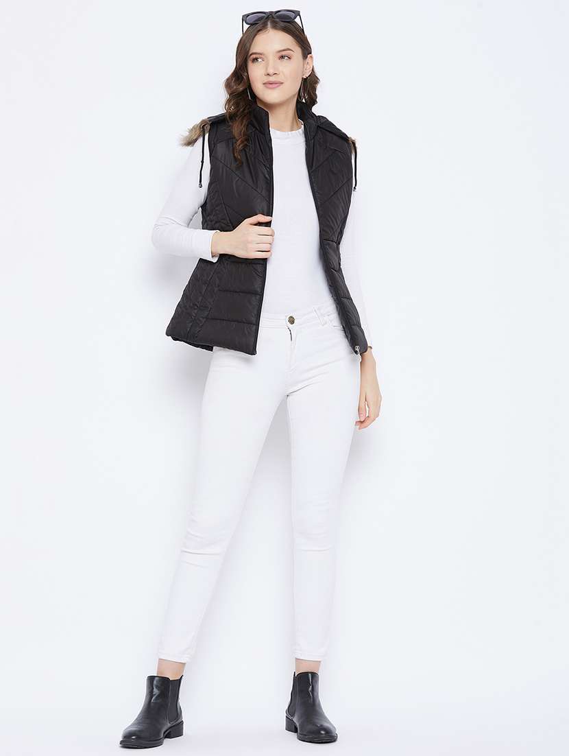women plain hood neck & sleeveless quilted jacket - 21640855 -  Standard Image - 3