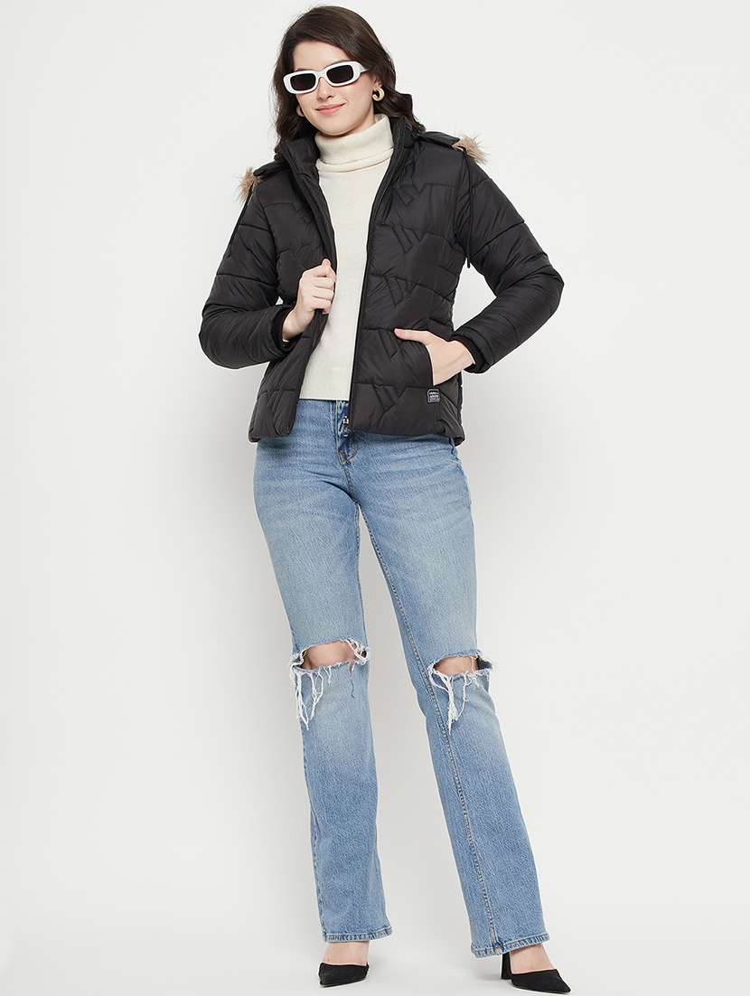 women plain hood neck & long sleeve quilted jacket - 21640863 -  Standard Image - 3