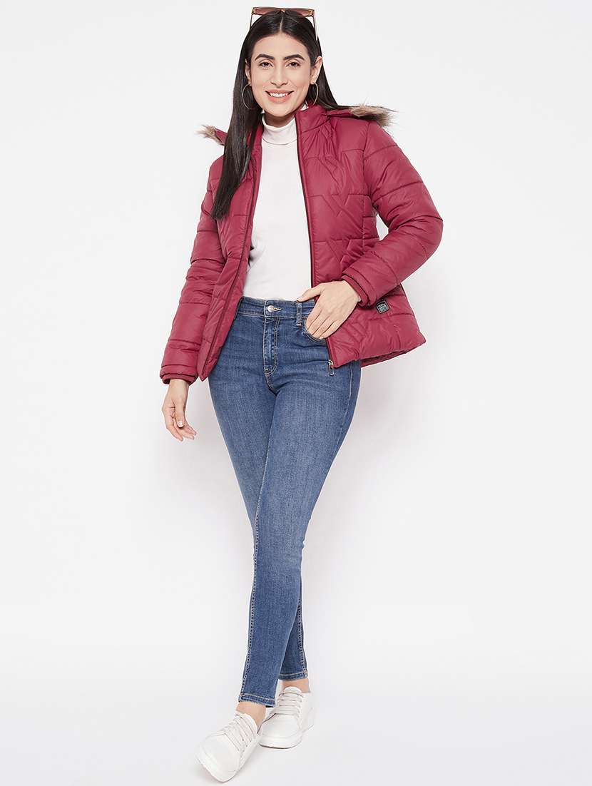 women plain hood neck & long sleeve quilted jacket - 21640866 -  Standard Image - 3