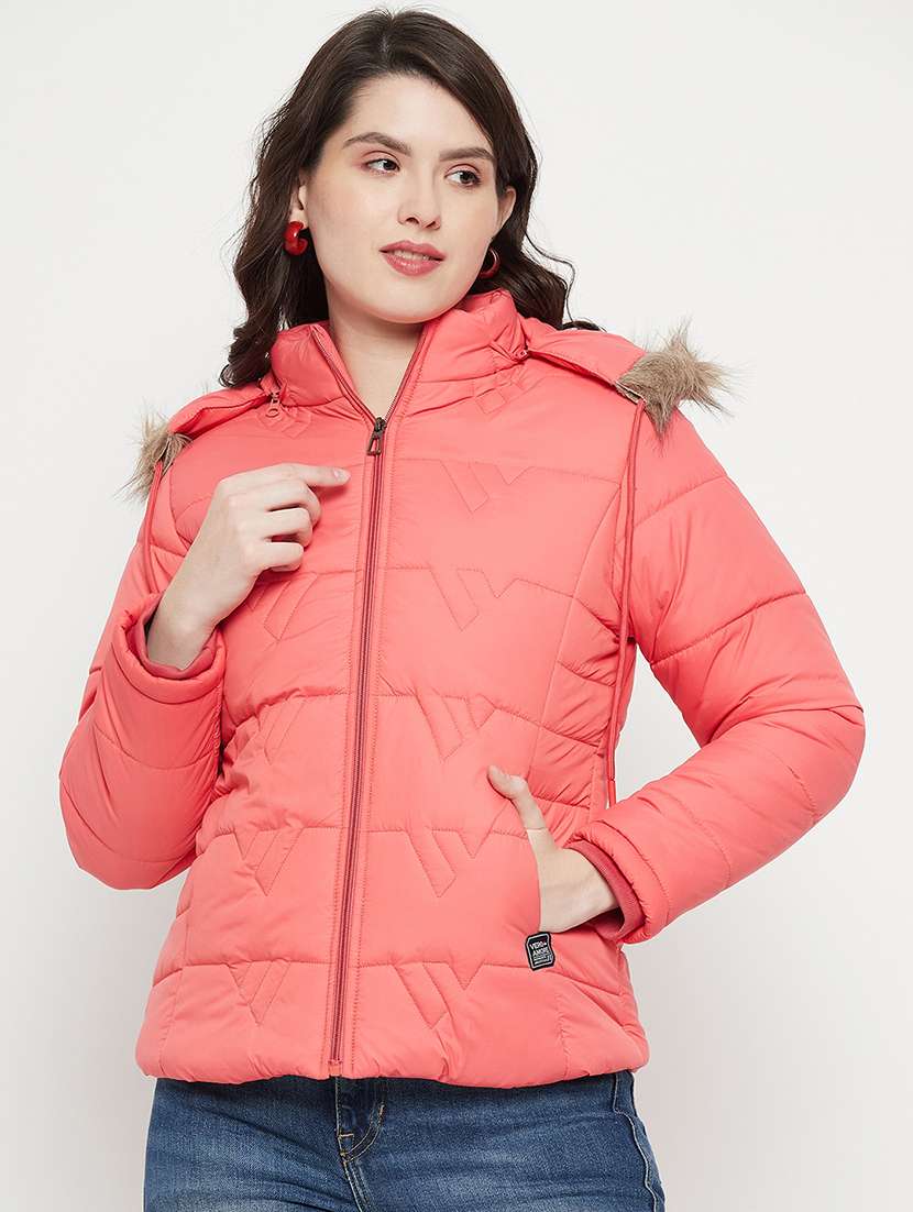 women plain hood neck & long sleeve quilted jacket