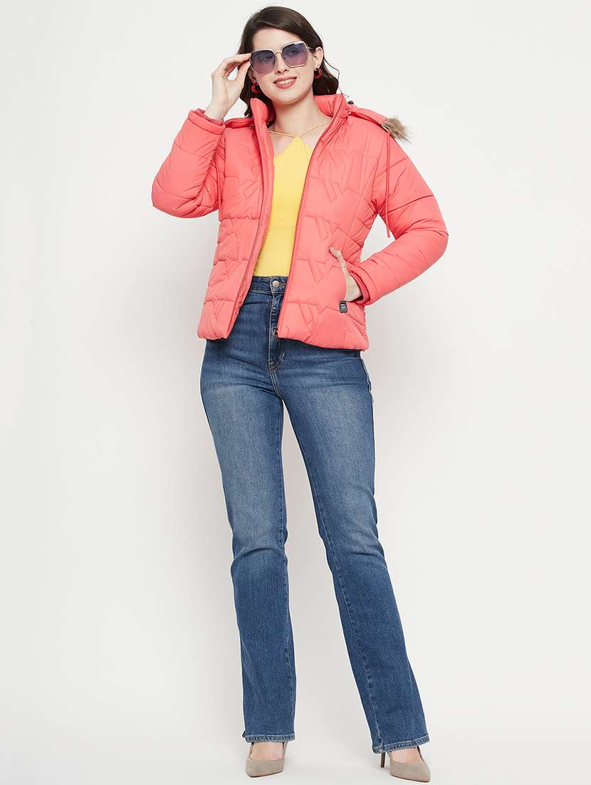 women plain hood neck & long sleeve quilted jacket - 21640867 -  Standard Image - 3