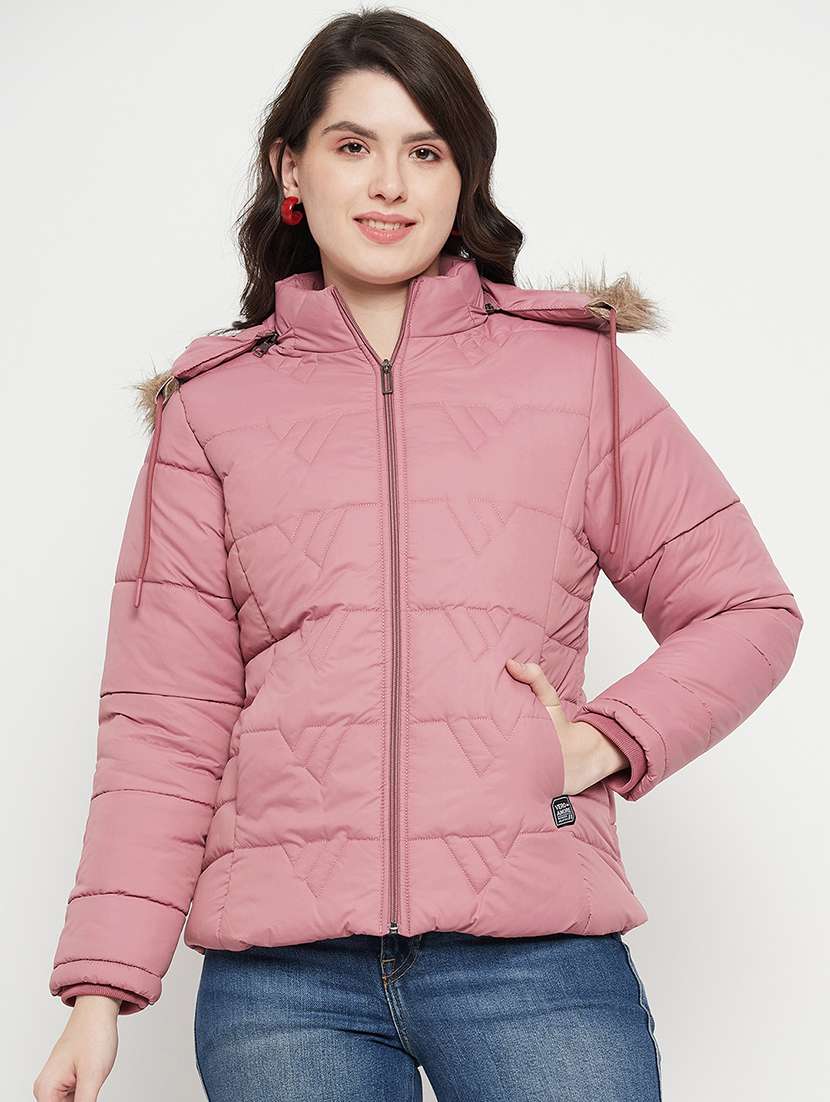 women plain hood neck & long sleeve quilted jacket