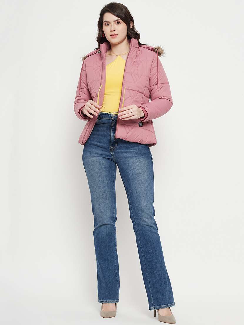 women plain hood neck & long sleeve quilted jacket - 21640869 -  Standard Image - 3