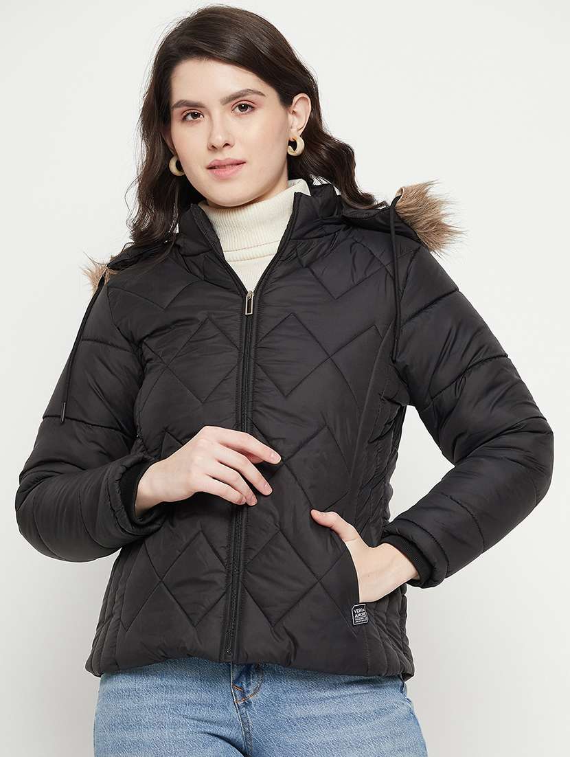 women plain hood neck & long sleeve quilted jacket