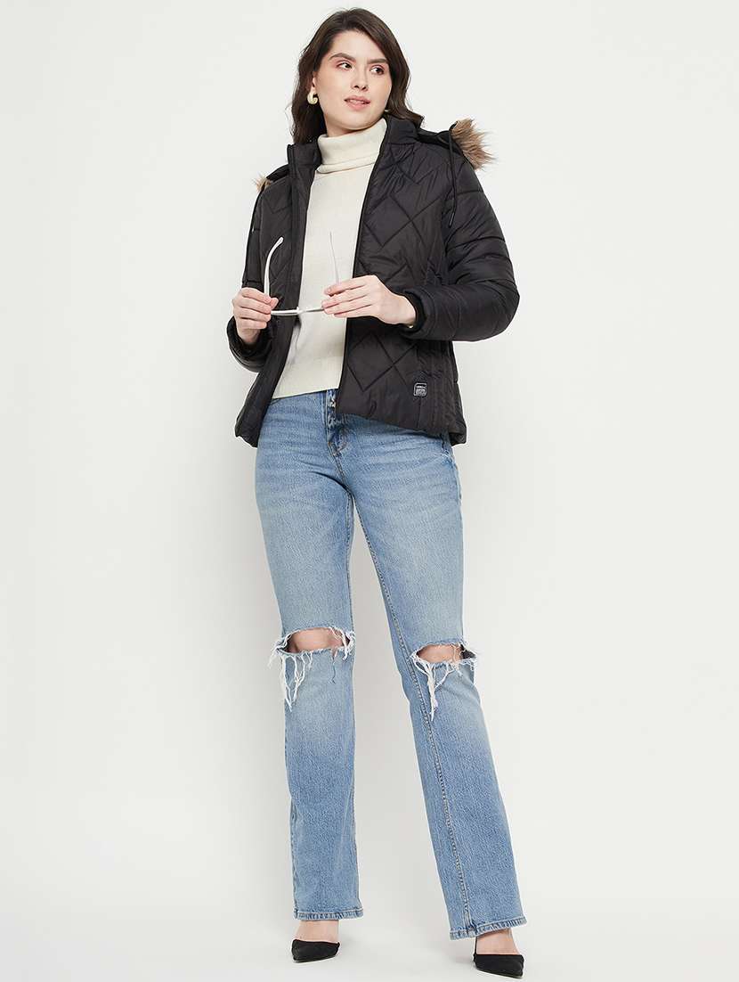 women plain hood neck & long sleeve quilted jacket - 21640870 -  Standard Image - 3