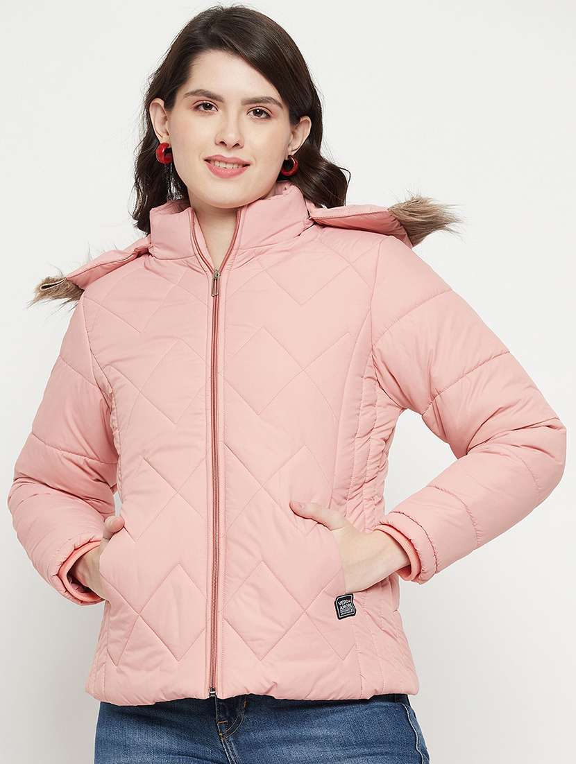 women plain hood neck & long sleeve quilted jacket