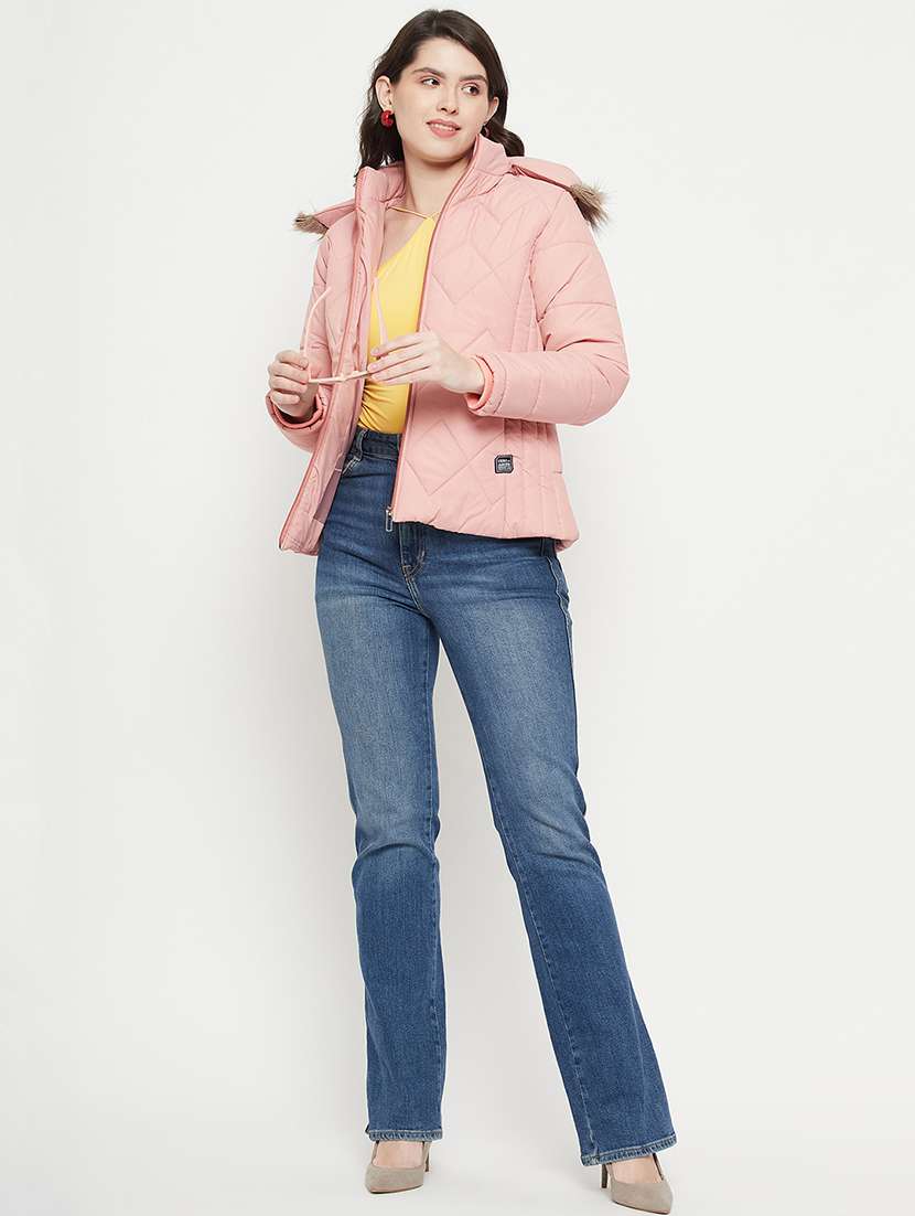 women plain hood neck & long sleeve quilted jacket - 21640874 -  Standard Image - 3