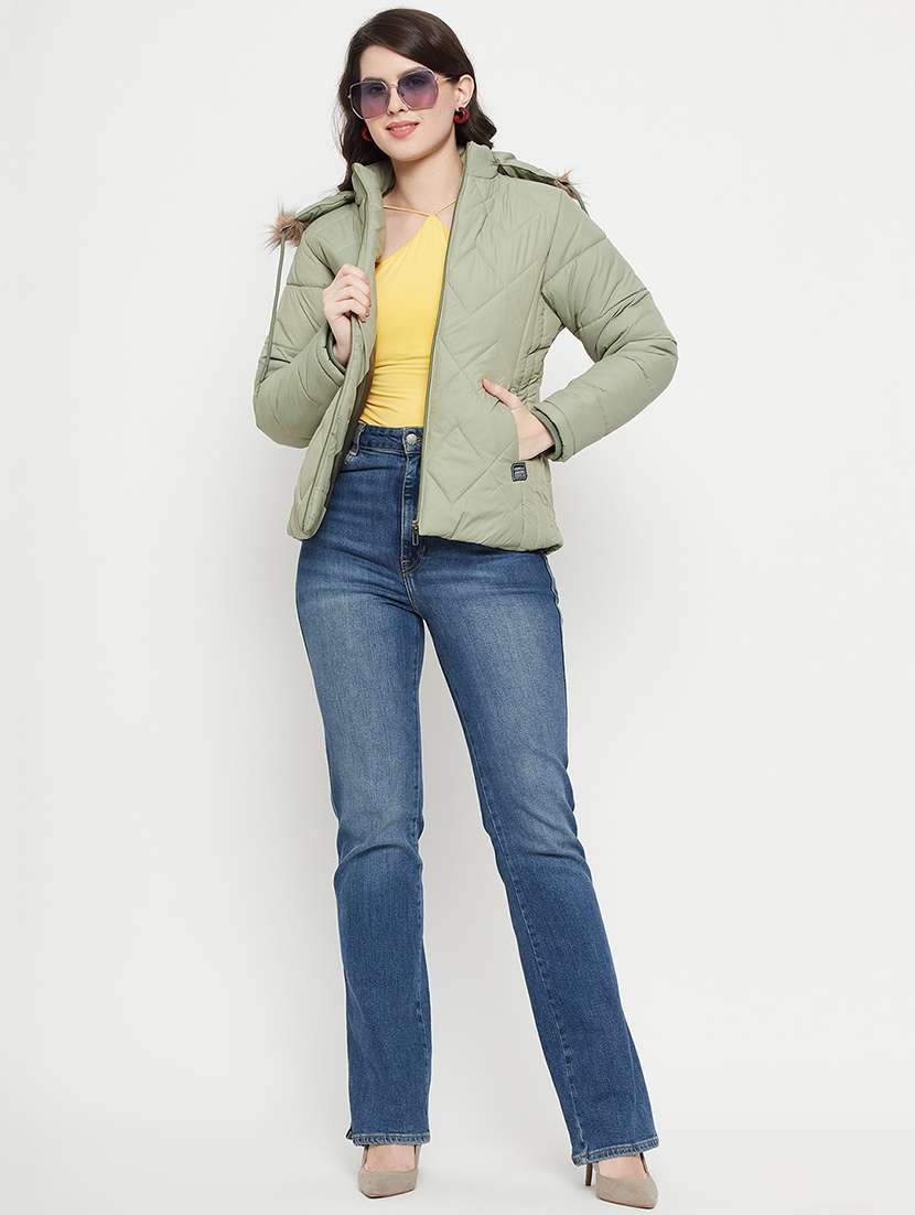 women plain hood neck & long sleeve quilted jacket - 21640875 -  Standard Image - 3