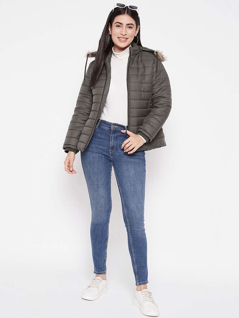 women plain hood neck & long sleeve quilted jacket - 21640880 -  Standard Image - 3