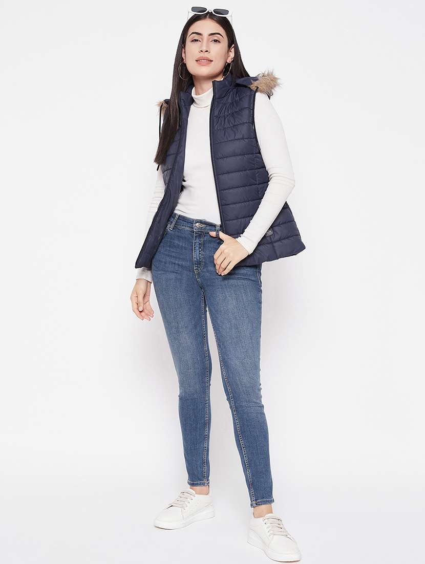 women plain hood neck & sleeveless quilted jacket - 21640885 -  Standard Image - 3