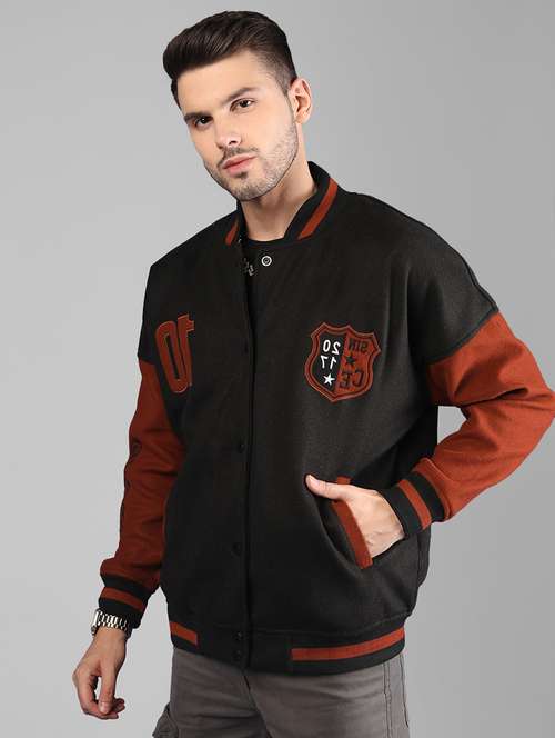 Men Color Block Varsity Long Sleeve Casual Jacket