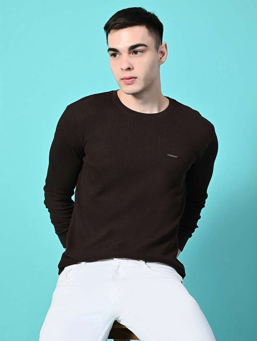 men coffee brown regular fit knitted t-shirt - 21641052 -  Standard Image - 5