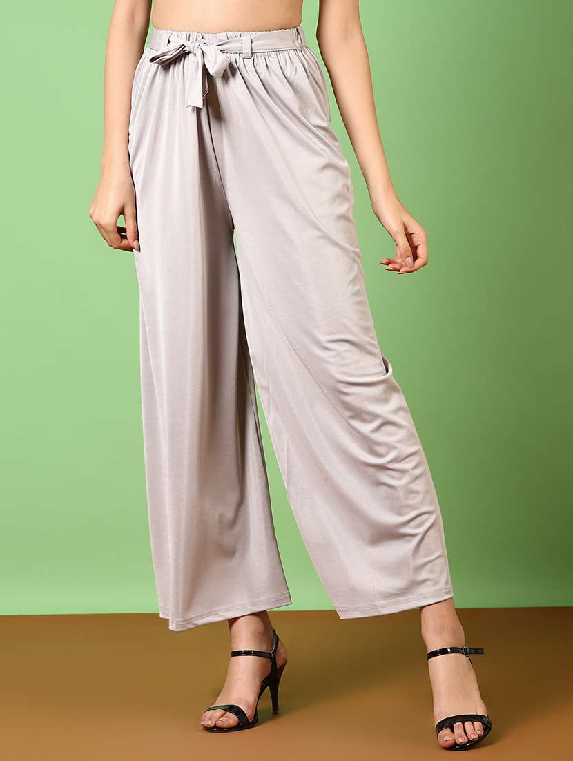 women solid high rise wide leg trouser