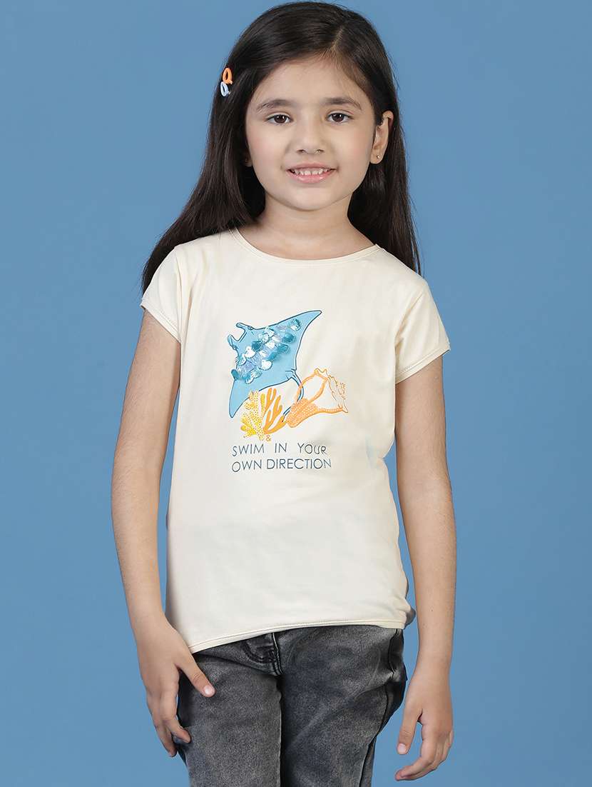 girls front print round neck tees