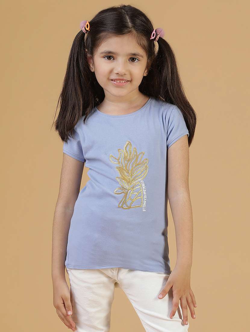girls solid with work round neck tees