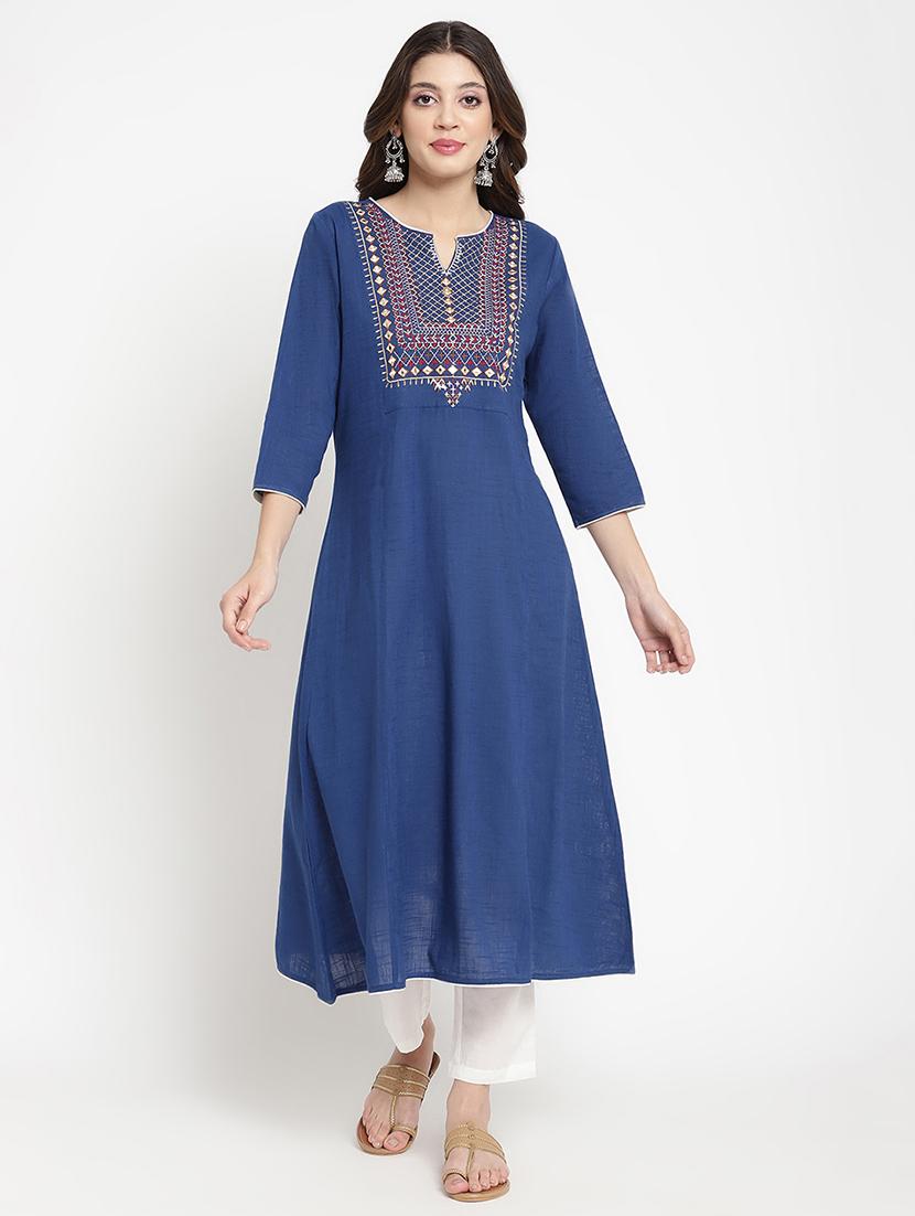 women blue embroidered three quarter sleeve a-line kurta